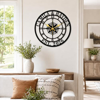 Personalized Wall Clock, Custom Family Name Metal Clock, Compass Wall Decor - color: Design9