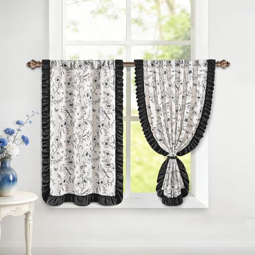 Yinhua Floral Kitchen Curtains 36 Inch with Ruffle Tieback, Farmhouse Vintage Linen Kitchen Window Curtains Over Sink, Light Filtering Rod Pocket Small Cafe Curtain, 26" W x 36" L, 2 Panels, Black - color: Black, size: 26"W x 36"L (Pack of 2)