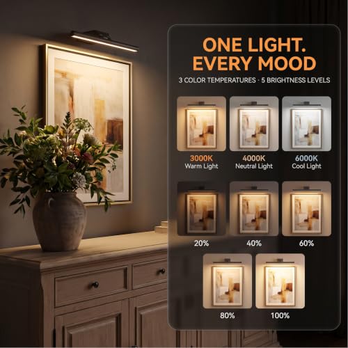 12" Picture Lights for Wall, 10000mAh Rechargeable Wireless Remote - color: Black, size: 12inch