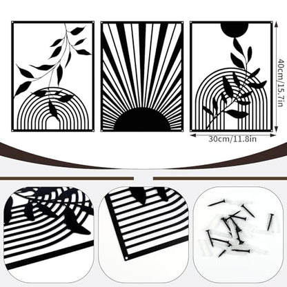 YIYA 3 Pieces Black Metal Wall Decor Black Modern Geometric Wall Decor Hanging Minimalist Line Wall Art for Bedroom Living Room Bathroom Balcony Gallery - style: Round and Leaf