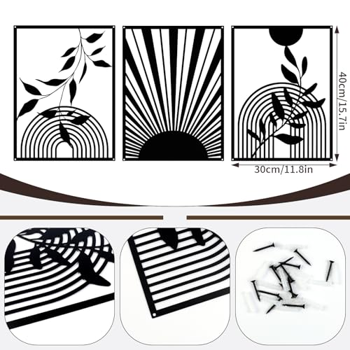 YIYA 3 Pieces Black Metal Wall Decor Black Modern Geometric Wall Decor Hanging Minimalist Line Wall Art for Bedroom Living Room Bathroom Balcony Gallery - style: Round and Leaf
