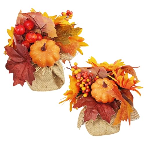 RHN Fall Centerpieces for Tables,2 Pcs Fall Table Flowers Centerpiece Decor with Pumpkin Sunflower Pinecone Berry and Maple Leaf for Autumn Thanksgiving Home Dining Table Decorations