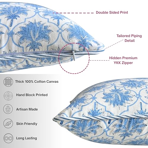 ATOSII Cotton Blockprint Throw Pillow Cover, Padma Blue, Set of 2, 24 X 24 - color: Padma, size: 24" x 24" (Pack of 2)