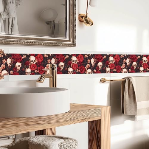 IVN Wallpaper Border Peel and Stick Wall Skull and Rose Floral 4x196 Inch - color: Halloween Skull Rose