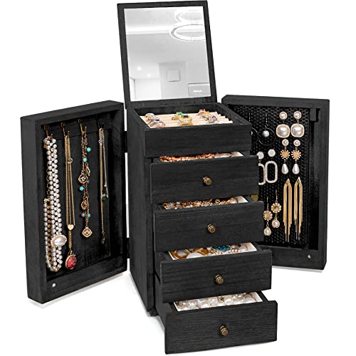 Meangood Jewelry Box Wood for Women, 5-Layer Large Organizer Box with Mirror & 4 Drawers for Rings, Earrings, Necklaces, Black - color: Black, size: 4-Drawer