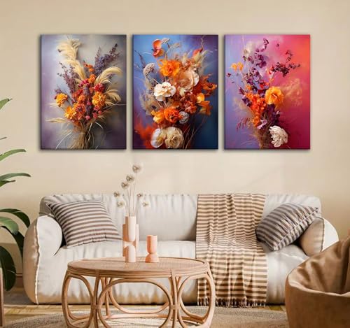 CHTEXA Boho Dried Flower Canvas Wall Art, 3 Piece Gallery Wrapped, 16x24 - color: Dark flowers and grasses-5, size: 16x24inch