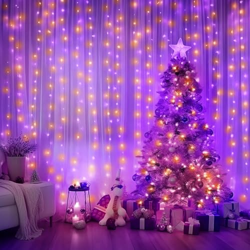 Minetom Halloween Curtain Lights, 300 LEDs Twinkle Fairy Lights, 8 Modes - color: Orange & Purple, size: 1 Pack