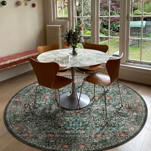 Boho Round Rug 5ft, Washable Black Green Floral Bedroom Circle Rug - color: Black / Multi, size: 5' (Round)