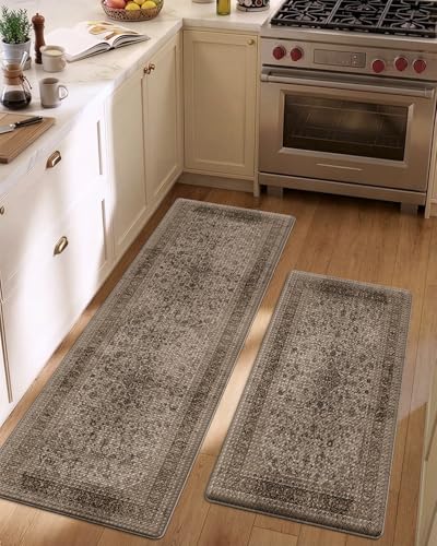 LUMI Kitchen Floor Mats Cushioned Anti Fatigue Set of 2,17"x30"+17"x59" - color: Brown & Olive, size: 59"L x 17"W x 0.4"Th + 30"L x 17"W x 0.4"Th