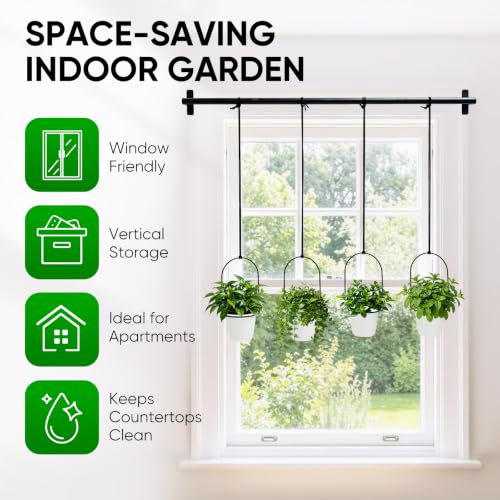Window Plant Hanger with 4 Pots, 40 Inch Adjustable Hanging Planters for Indoor Plants, Metal Wall/Ceiling Plant Rod for Herbs, Flowers, Kitchen, Apartment & Balcony, Black - size: 40inch-4 flower pots