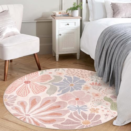 MUJOO Round Rug 4ft Small Circle Area Rug Washable Non Slip Floral - color: Pink, size: 4' (Round)