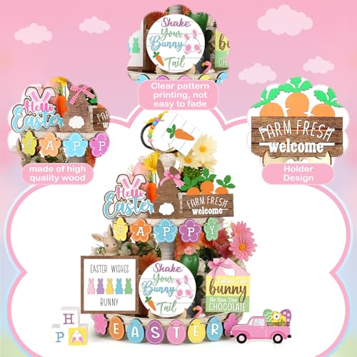 Marsui Easter Tiered Tray Decor Happy Easter Tiered Tray Ornament Rustic Farmhouse Spring Sign Bunny Truck Gnome Egg Wooden Sign for Home Table Decor(Chic Style) - style: Chic Style
