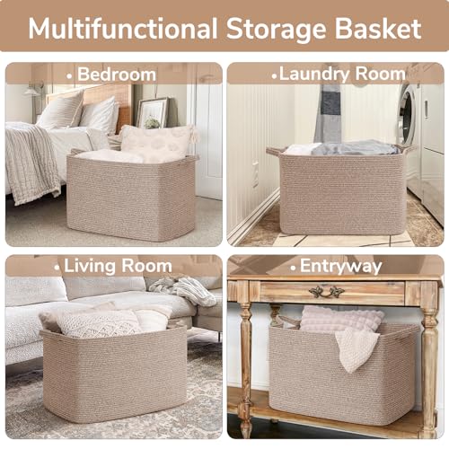 Goodpick 105L Extra Large Woven Rope Blanket Basket, Rectangle, Brown - color: Brown, size: XX-Large(25"L x 16"W x 16"H)