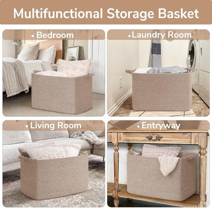 Goodpick 105L Extra Large Woven Rope Blanket Basket, Rectangle, Brown - color: Brown, size: XX-Large(25"L x 16"W x 16"H)