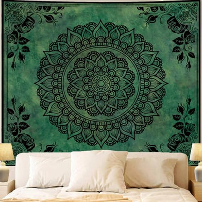 Green Boho Mandala Tapestry for Bedroom, Large Hippie Ceiling Wall Hanging - color: Green Tapestry, size: 90"L x 71"W