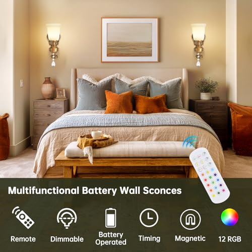 Battery Operated Wall Sconce Set of 2, RGB Dimmable Rechargeable Wall Light with Glass Shade, 48hr Battery Life Wireless Sconce with Remote Control Timer, Farmhouse Rustic Style Wall Lighting Fixture - color: 2 Pack