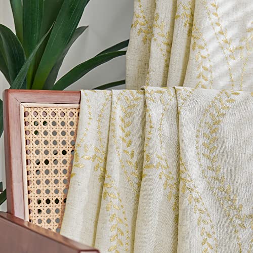 jinchan Boho Linen Curtains 63 Inch Gold on Beige Grommet 2 Panels - color: Vine Gold, size: 50"W x 96"L (Pack of 2)
