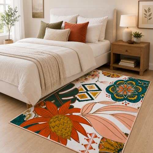 Tyrot Boho Floral 3x5 Washable Area Rug Flat Woven Ultra-Thin Low Pile Rug Non Slip Indoor Rug for Living Room, Bedroom, Entryway, Nursery, Dorm, Blush Pink - color: Blush Pearl, size: 3' x 5' (Rectangular)