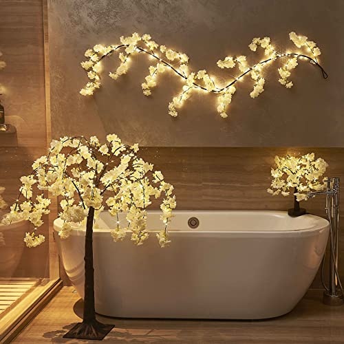 LITBLOOM Cherry Blossom Garland with Lights Battery Operated with Timer 96 Fairy Lights 6FT, Lighted White Flower Garland for Mantle Fireplace Wedding Party Spring Decoration Indoor Outdoor - style: White Cherry