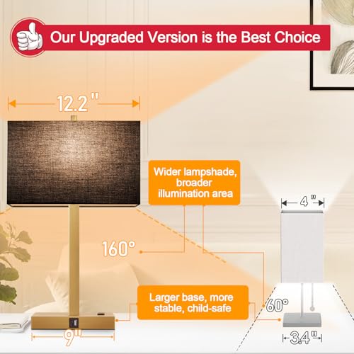 Lynnoland 21" Set of 2 Bedside lamp with USB A+C & AC Outlets, Touch Control 3-Way Dimmable Nightstand Lamps for Bedroom Living Room Office Reading, Black Shade Touch Lamps, 3000K LED Bulbs Included - color: Black Line & Gold