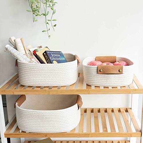 CHICVITA 3 Pack Woven Rope Gift Basket with Leather Handles, White - color: White, size: 11.4 x 10.6 x 5.5 Inch (3 Pack)