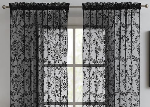 LinenZone 96 Inch Sheer Black Lace Curtains. (Fiona, 54 x 96 Black) - color: Black, size: 54"W x 96"L (Pack of 2)