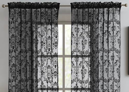 LinenZone 96 Inch Sheer Black Lace Curtains. (Fiona, 54 x 96 Black) - color: Black, size: 54"W x 96"L (Pack of 2)