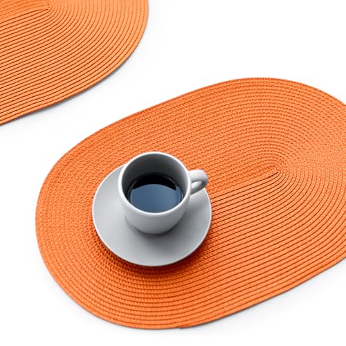 FunWheat Oval Braided Placemats Set of 6 Table Mats for Dining Tables Woven Washable Non-Slip Shining Place mats12x17.5 Inch Table mats for Indoor Outdoor Use(Oval Orange, 6pcs) - color: Orange, size: 6pcs