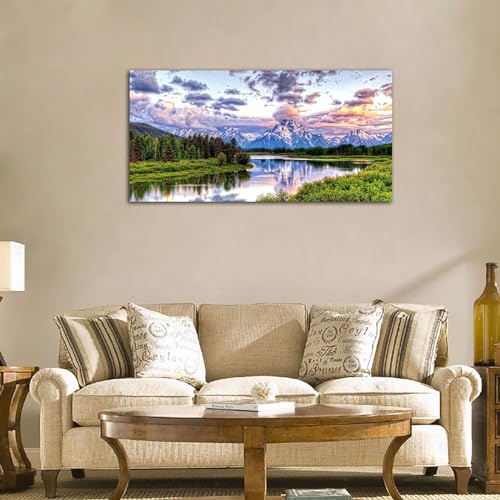 Grand Teton Canvas Wall Art Oxbow Bend Mountain River Pictures, 29"x58" - color: National Park, size: 58"L x 29"W