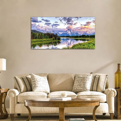 Grand Teton Canvas Wall Art Oxbow Bend Mountain River Pictures, 29"x58" - color: National Park, size: 58"L x 29"W