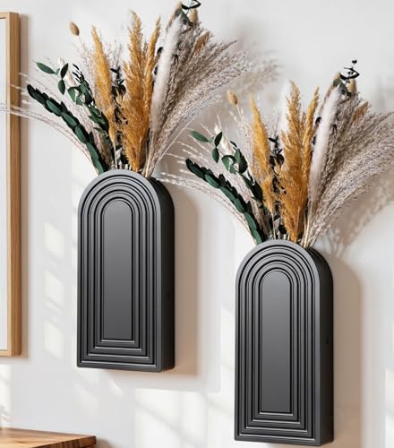 DREAMLOOM 2 Pack Wooden Wall Vases with Dried Pampas Grass and Eucalyptus Plants, Wall Hanging Planters Boho Modern Farmhouse Indoor for Narrow Spaces Entryway Bathroom Home Office Decoration, Black - color: B-black