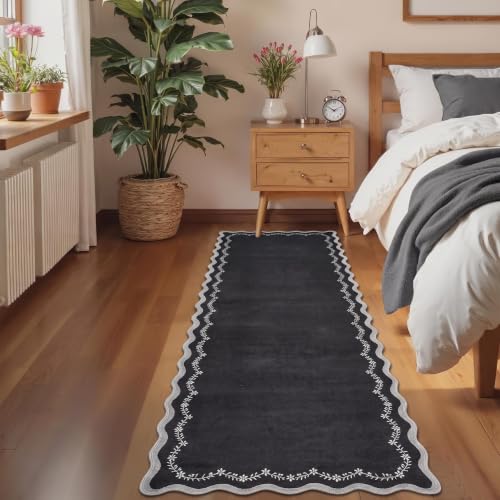 GarveeHome 2.5x8 Scalloped Washable Runner Rug Non Slip Hallway Kitchen Rug - color: Black, size: 2'6" x 8' (Rectangular)
