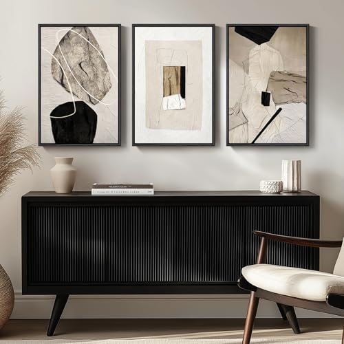 Large Framed Modern Neutral Abstract Wall Art, Set of 3, Total 60x30 In - color: Neutral, size: 20" W x 30" H x 3pcs