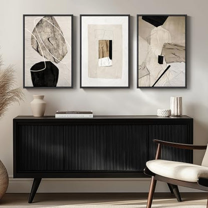 Large Framed Modern Neutral Abstract Wall Art, Set of 3, Total 60x30 In - color: Neutral, size: 20" W x 30" H x 3pcs