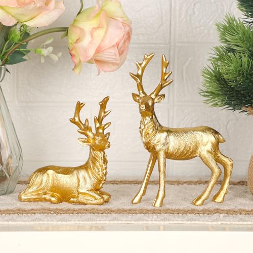 Lulu Home 2 Packs Gold Reindeer Figurines, Sitting & Standing - style: 2 Peers with Texture