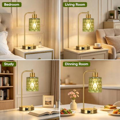 Table Lamps Set of 2, Green Glass Dimmable Bedside Lamps for Living Room - color: Gold&Green-3