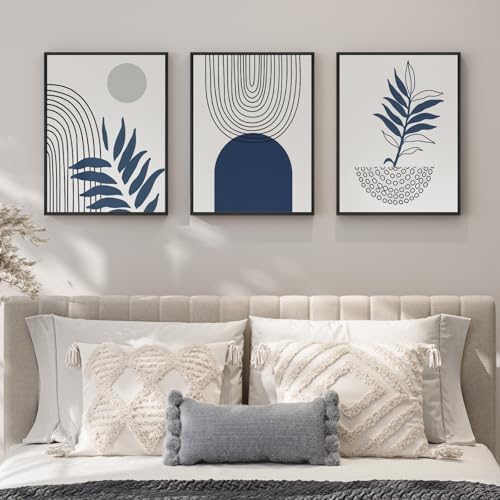 Framed Blue Mid Century Boho Botanical Canvas Wall Art Bedroom, 12x16 Inch | Navy bohemian botanical, 3 piece, Canvas print, Mid century modern, Geometric artwork, Leaf pictures, Living room wall art - color: Black and Blue