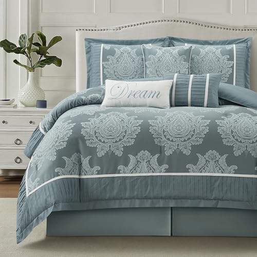 LANCO MODERN LIFESTYLE Blue California King Comforter Set 7 Pieces, Jacquard Woven with Damask, Bedding Set in a Bag Includes Comforter, Bed Skirt, Pillow Shams, and Decorative Pillows - color: Blue, size: California King