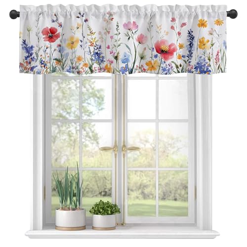 Valances Curtains for Windows,Watercolor Colorful Wildflowers Semi Sheer Curtain Valances, Rod Pocket Short Window Treatment Light Filtering Decor Valances for Kitchen Bedroom - 54"x18" - color: Watercolor Colorful Wildflowers, size: 18"W x 54"L (Pack of
