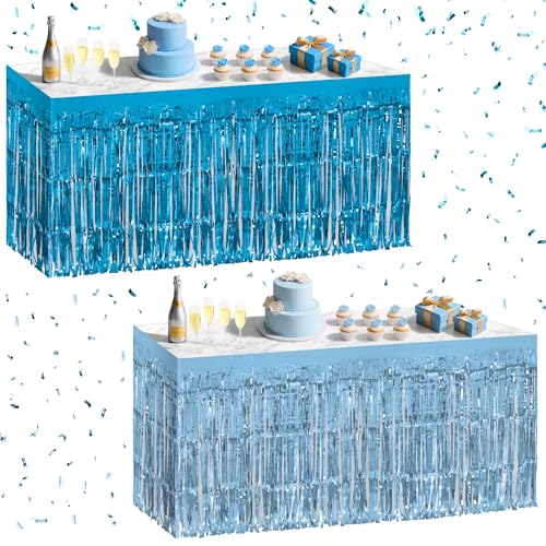 2 Pack Light Blue Lake Blue Table Skirts, 29x108" Metallic Foil Tinsel Fringe Table Skirt for Rectangle Tables Streamer Curtains Backdrop, Party Decorations for Birthdays, Weddings, Holidays - color: Light Blue Lake Blue
