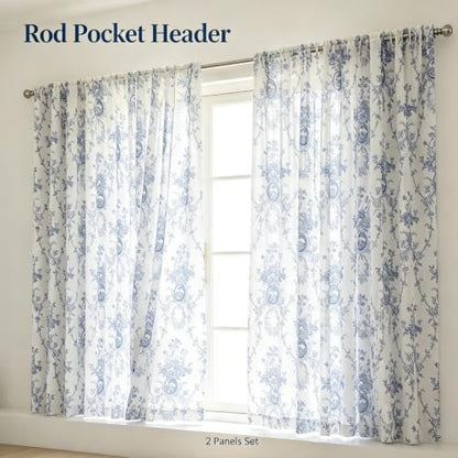 SUOUO Blue and White Toile Floral Semi Sheer Curtains 84 Inches 2 Panels - color: Blue-white, size: 52"W x 84"L (Pack of 2)
