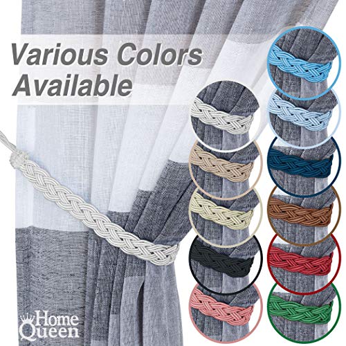 Home Queen Hand Braided Curtain Tie Back, Buckle Holdback Drapery Curtain Tiebacks, 2 Rope Belt Curtain Tie with 2 Metal Hooks, Silver - color: Silver, size: 2 Pack