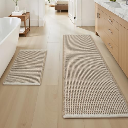 Upgraded Waffle Bath Mat Set of 2 Absorbent Bathroom Mat 17"x24" + 17"x48" - color: Brown & Cream, size: 17" x 24" +17" x 48"