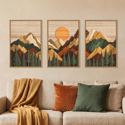 Celestdeco Boho Woodcut Style Mountain Framed Canvas Wall Art Set-16"x24"x3 | Woodsy Rustic Ridge Wall Decor,Pine Tree Forest Art Prints,Bohemian Sunrise Wooden Artwork for Living Room, Bedroom, Office - color: Wooden Mountain Wall Art, size: 16"L x 24"W