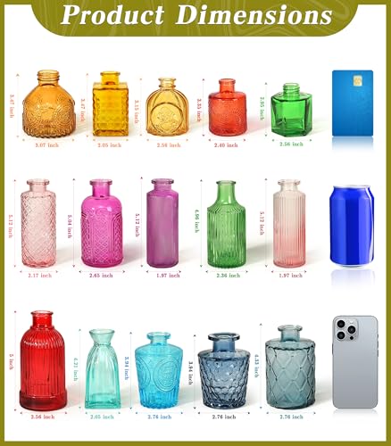 Set of 15 Colorful Glass Bud Vases Small Textured Flower Vases - color: Colorful
