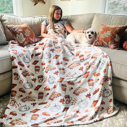 Fall Soft Fleece Throw Blanket, Pumpkin Spice Design, 50x70, Oversized - color: White Brown Tan