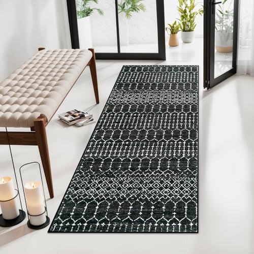 Lahome Moroccan Black Area Rug Non-Slip Low-Pile Washable Entryway Rug Kitchen Bath Mat 2'x4' Geometric Print Carpet for Hallway Bedroom Hana - color: Black, size: 2' x 4' (Runner)