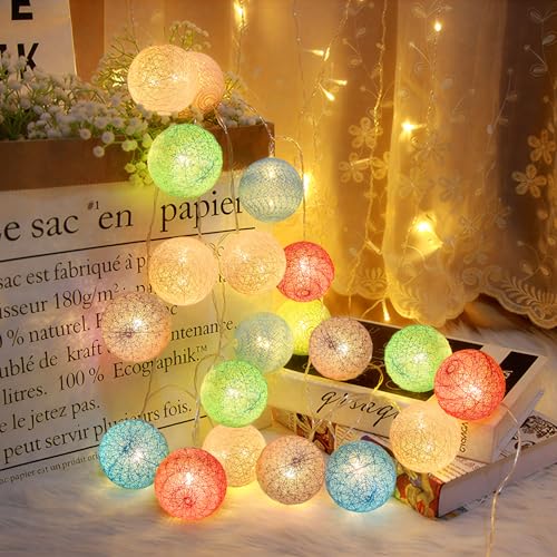 Anordsem Battery String Light Indoor: 6.88Ft/10 LED Cotton Ball Lanterns 2 Pack - Fairy Macaron Color Lighting Hanging Deco for Bedroom Party - Birthday Gifts for Babies Adults 25-50 - color: Macaron