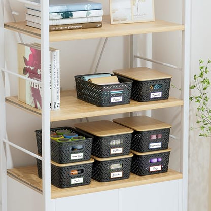Anysig 8 Pack Plastic Storage Bins with Bamboo Lids, 5.2 QT Stackable Bins - color: Black
