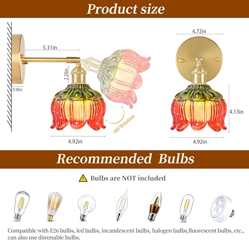 Battery Operated Wall Sconces Set of 2, Red Tulip Glass Wall Lights | Rechargeable flower wall lamps with remote control, 15 colors, 10-level dimming and timer for bedroom and living room - color: Red